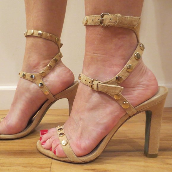 HOSS All Leather Tan Suede Heeled Ankle Strap Sandal - Picture 3 of 10